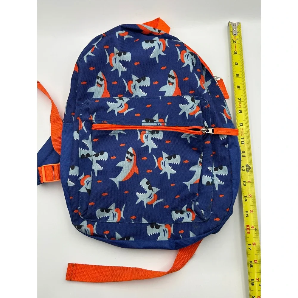Blue Shark Print Backpack with Orange Straps Kids School Bag Travel Rucksack